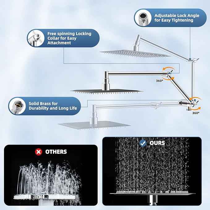 All Metal Rain Shower Head, 8” High Pressure Rainfall Shower Head with Handheld Showerhead, 5" Large Panel Handheld Spray Powerful Clean 10 Modes, 16" Stainless Steel Adjustable Extension Arm, Chrome