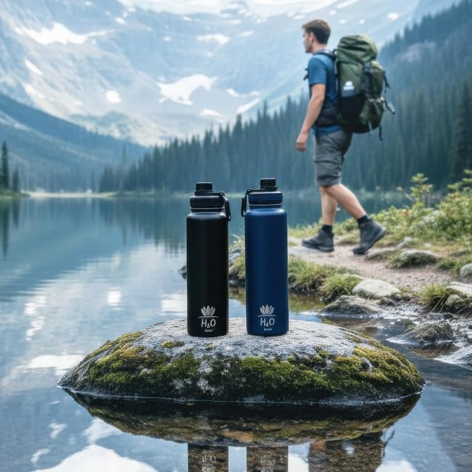 Premium 1 Liter Water Bottle (33.8 oz) with Carrying Case & Strap - Double Wall Vacuum Insulated Stainless Steel Water Bottle - Leakproof Lid, Wide Mouth, BPA-Free, Removable Strainer – Black