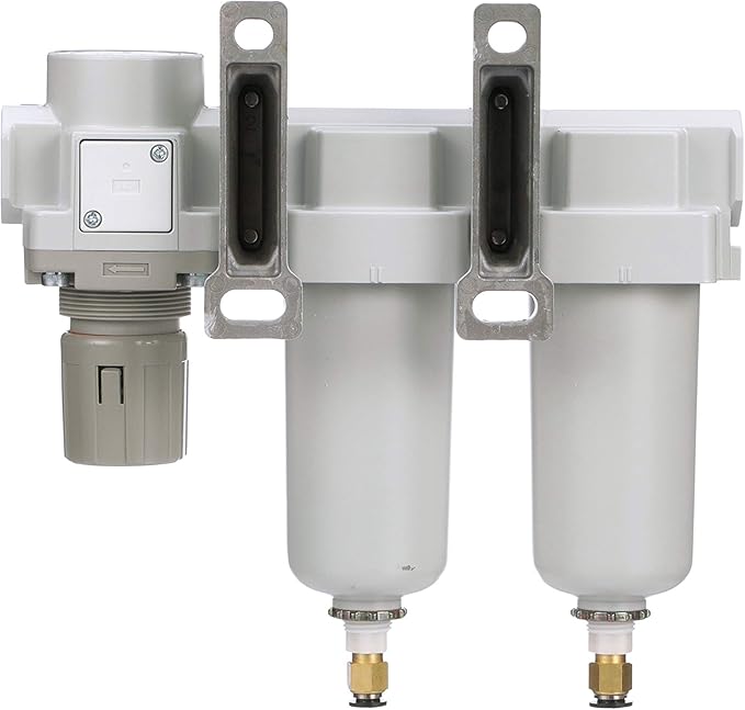 PneumaticPlus SAU430-N06DG-MEP Three Stage Air Drying System Particulate Air Filter, Coalescing Filter, Air Pressure Regulator Combo 3/4" NPT - Metal Bowl, Auto Drain, Bracket, Gauge - AquaVibe