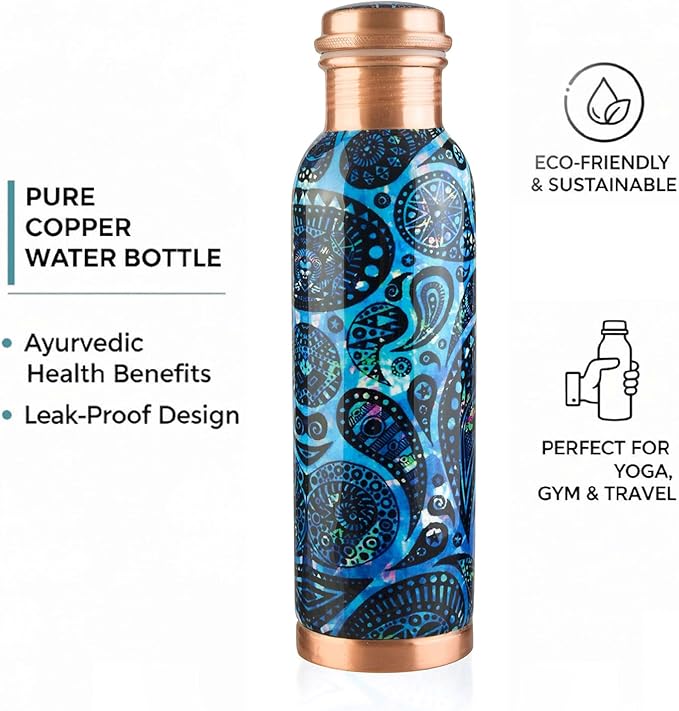 Pure Printed Copper Water Bottle 32 oz - Leak Proof Ayurvedic Drinkware Copper Vessel for Sports, Gym, Outdoors, Yoga, Health Benefits