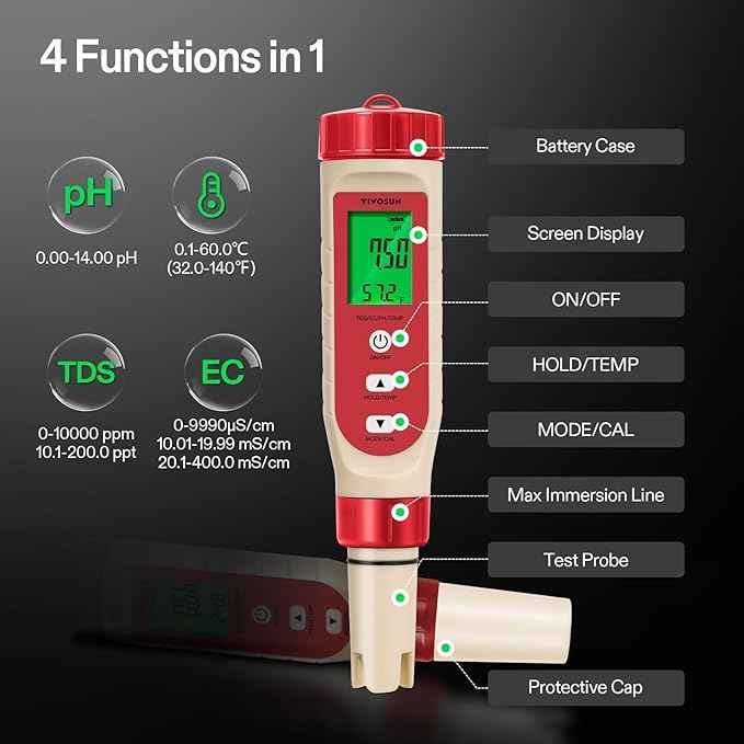 VIVOSUN 4-in-1 Digital pH Meter with pH/TDS/EC/Temp Function, 0-14.0 pH Measurement Range, ±0.1 pH Accuracy Water Quality Tester for Hydroponics, Household Drinking, and Aquarium