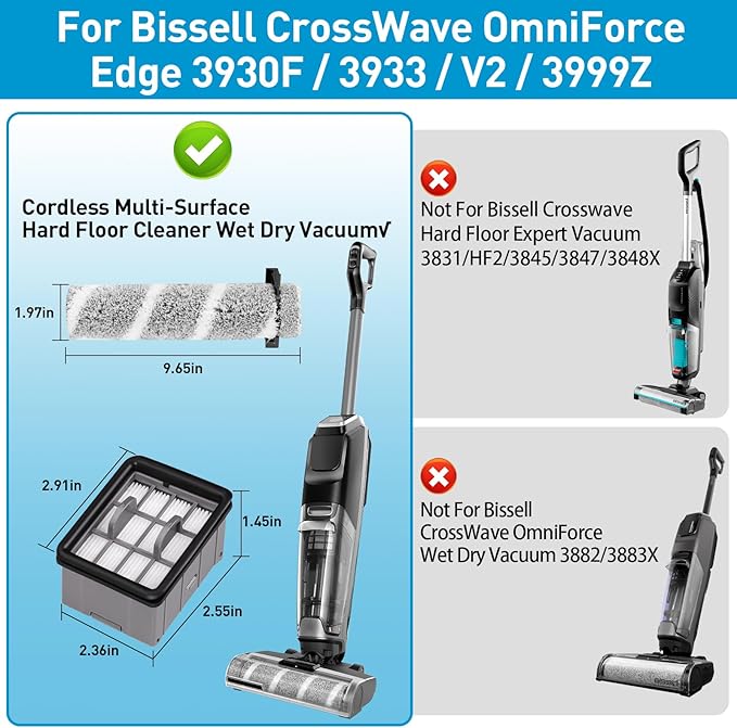 7 Pack Brush and Filter Replacement Kit Compatible with Bissell Cross Wave Omni Force Edge Cordless Wet Dry Vacuum 3930F/3933/V2/3999Z, High-Performance Multi-Surface Hard Floor Cleaner Accessories - AquaVibe
