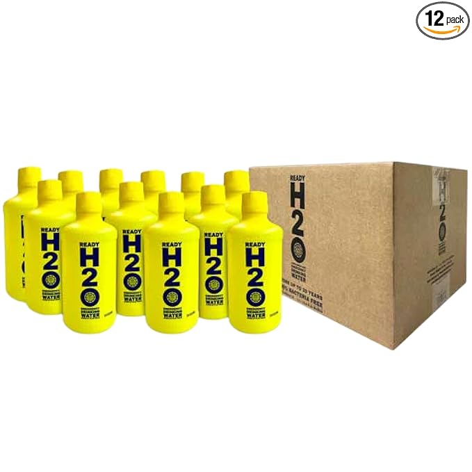 Ready H2O Bottled Emergency Drinking Water, 20 Year Shelf Life, Sealed for Long Term Storage, 3 Day Supply for 1 Person, Food Grade HDPE Bottles, Floating Design, 1 Liter Bottles, 12 Pack