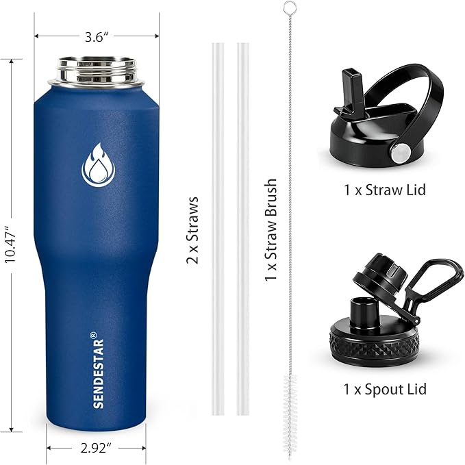 SENDESTAR Water Bottle 32oz,Wide Mouth Stainless Steel Vacuum Insulated Double Wall Keep Liquids Cold or Hot All Day,Sweat Proof Sport Design,Fit Car Cup Holder,2 Lids(Straw and Spout lid)(Cobalt)