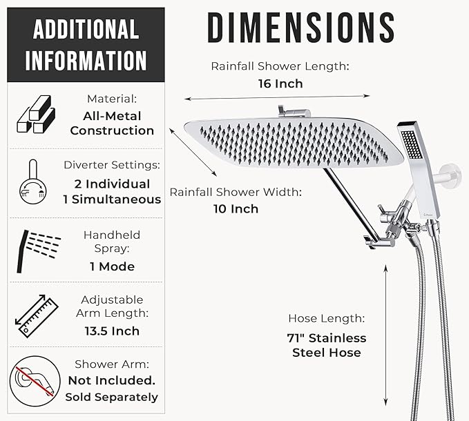 G-Promise All Metal 16 Inch Dual Square Shower Head with Handheld Spray Combo, Rain Shower Head, Adjustable Extension Arm, 3-Way Diverter, 71 Inch Extra Long Hose - A Bathroom Upgrade (Chrome)