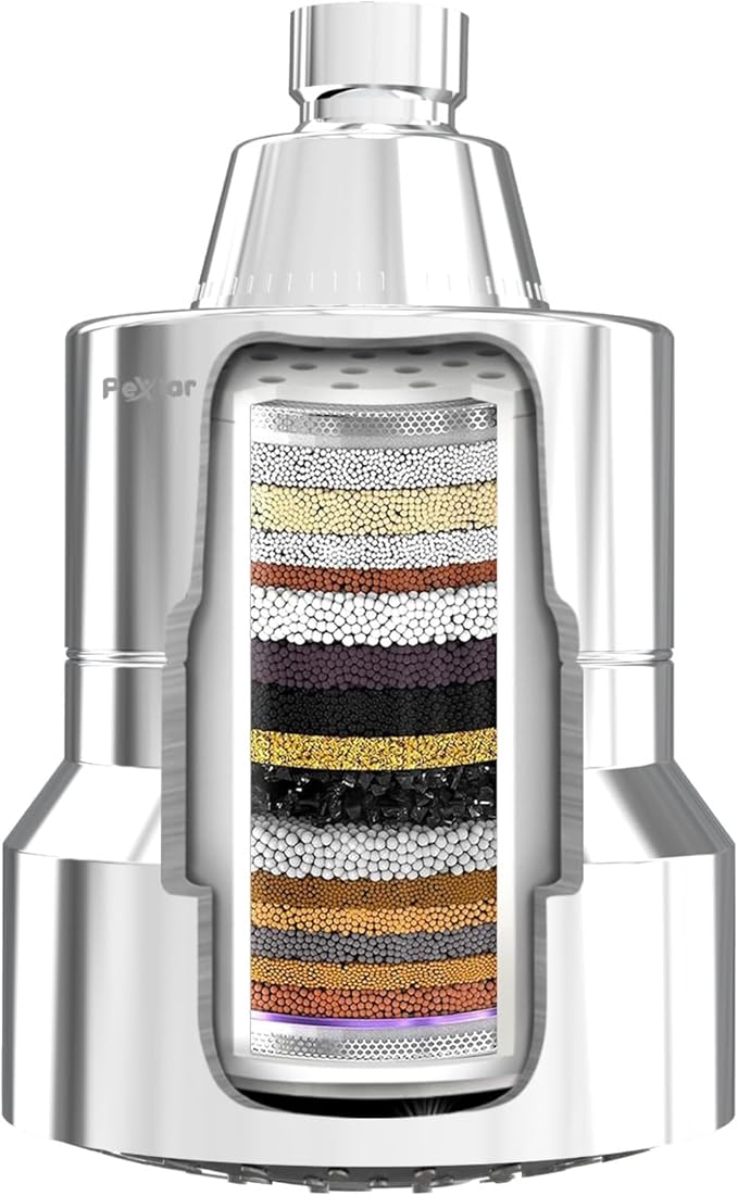 Multi Stage Shower Head Filter for Hard Water, Shower Water Filter for Removing Chlorine and Fluoride, Hard Water Shower Filter Improves on Skin, Hair and Nails, Polished Chrome - 5 Spray - AquaVibe