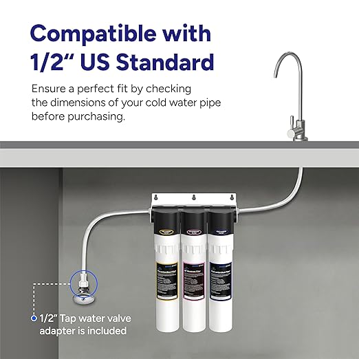 Puri-3 0.01μm UF Under Sink Water Filtration System PPU-1100UF, 3-Stage 5-Layer for Rust, Cyst, Chlorine, and Heavy Metals, Improves Taste and Odor with Stainless Steel Faucet