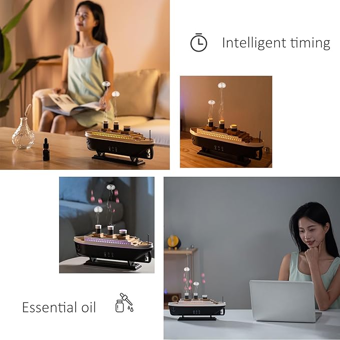 Essential Oil Diffuser, 250ml Ship Modelling Aromatherapy Ship Oil Diffuser Cool Mist Humidifier with Remote 2 Spray Mode Auto Shut-Off for Home Office(Black)