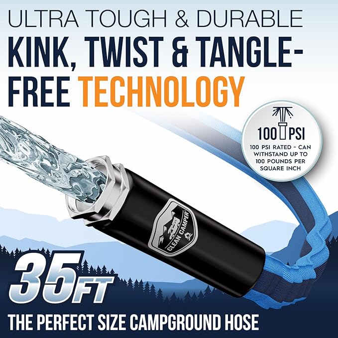 RV Fresh Water Drinking Hose 35' by Clean Camper- Kink Free Design | Non Leaching | Non Toxic | Stainless Steel Fittings | Durable Camping RV Hose