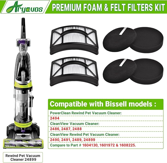 Filter Replacement for Bissell CleanView 2486, 2487, 2488, 2489, 24899, 2490, 2491, 2492, PowerClean 2494 Vacuum, Compare to Part # 1608225, 1604130, 1601972, 2 HEPA +2 Foam & Felt Filters - AquaVibe