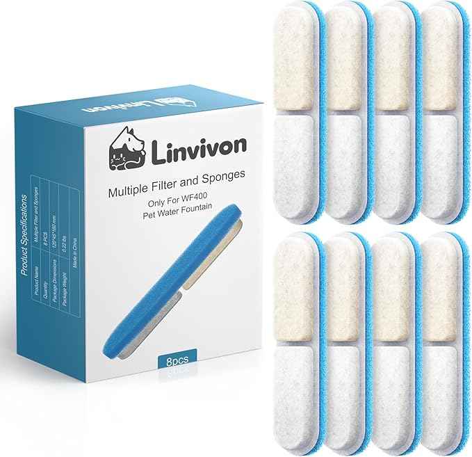 8-Pack Replacement Filters & Sponges Only for WF400 Pet Water Fountain, Design for Stainless Steel Dog Water Fountain for Large Dogs (No Include Bowl)