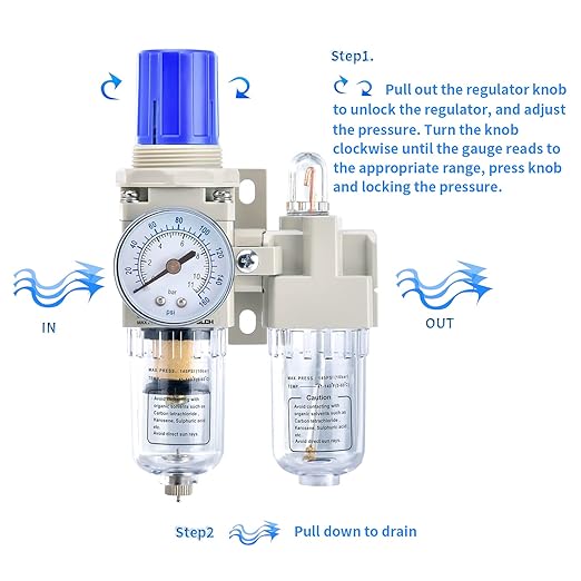 BLCH 1/4" NPT Air Compressor Water Separator - Air Pressure Regulator Compressed Air Filter Regulator Lubricator Combo AC2010-02 Manual Drain Poly Bowl Gauge 0-160 PSI 5μm Brass - AquaVibe