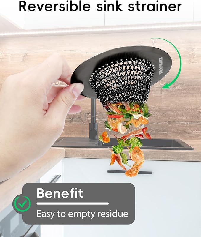 TRAPMATE Sink Drain Strainer | Reversible 304 Stainless Steel Kitchen Drain Cover | Anti-Clogging Garbage Disposal Strainer Fit US Standard Drain (Black)