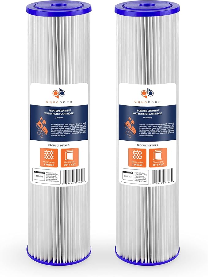 Aquaboon 1 Micron Whole House Pleated Sediment Water Filter Cartridge 20x4.5 Well Filter Replacement Compatible with ECP5-20BB, SPC-45-1005, 2 Pack