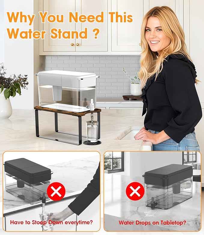 Water Filter Dispenser Stand with Drip Tray - 7.9''W x 14.9''D x 7''H + Water Filter Dispenser Stand Wood with Drip Tray - 7.9''W x 14.9''D x 7''H