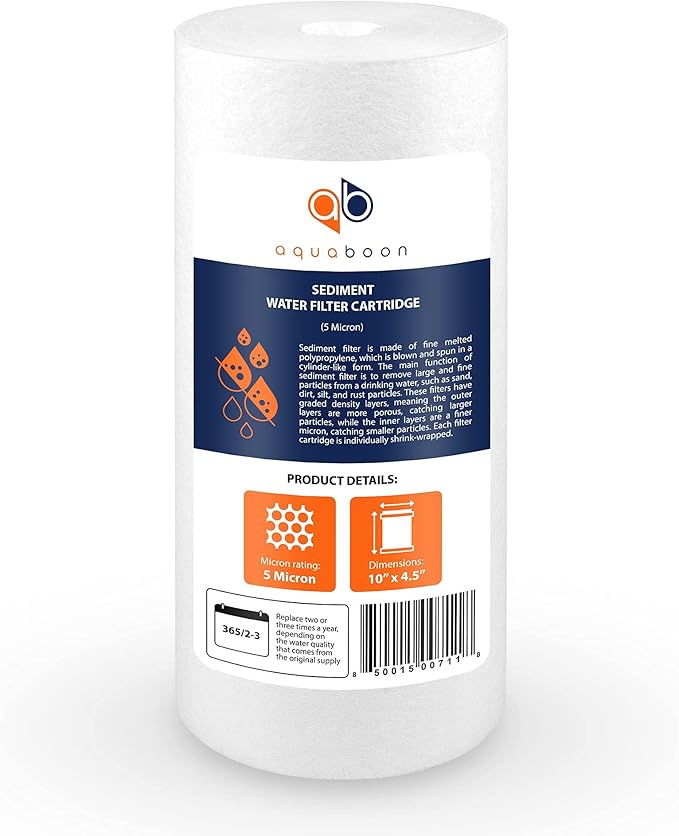 Aquaboon 5 Micron 10 x 4.5 Whole House Water Filters Cartridges Replacement Set of Carbon & Sediment Filters Compatible with FXHTC, DGD-5005, 2 Pack