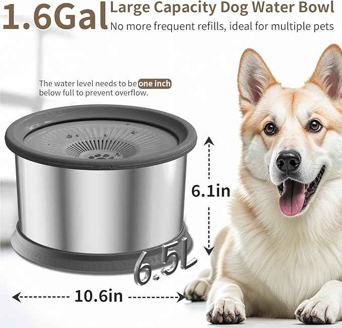 6.5L Dog Water Bowl No Spill 1.6 Gallon Stainless Steel Water Bowl for Dogs 220oz Large Capacity No Splash Slow Drinking Feeder with Anti-Slip Mat for Messy Drinkers