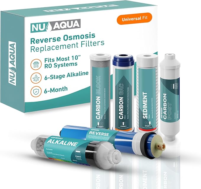 NU Aqua Reverse Osmosis Water Filter System Replacement Set - 6 Stage Alkaline Under Sink Kit - Includes Membrane, Sediment, Carbon Filters & Fittings - Universal Undersink RO Filtration Cartridge - AquaVibe