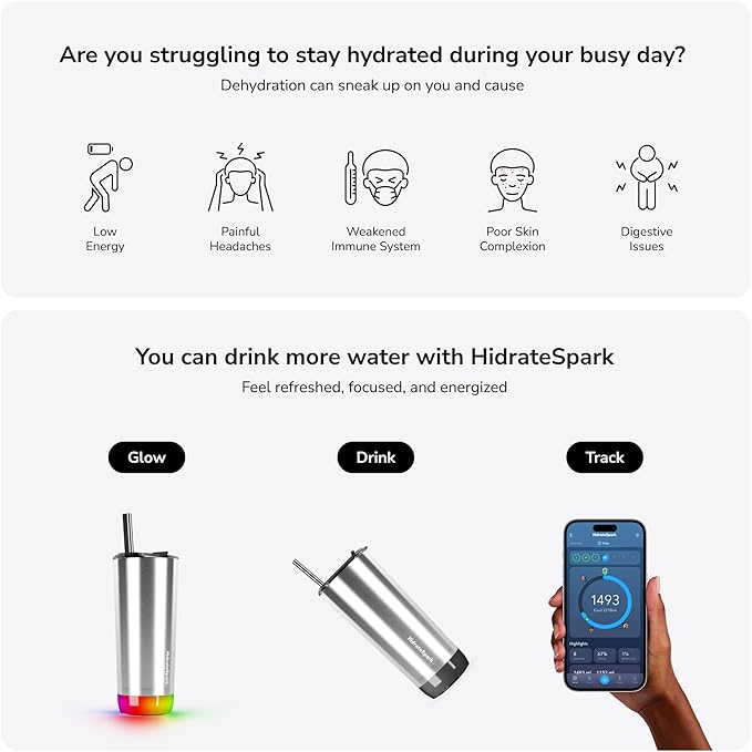Hidrate Spark PRO Smart Tumbler Bundle – Insulated Stainless Steel – Tracks Water Intake with Bluetooth, LED Glow Reminder When You Need to Drink – 20oz (Black)