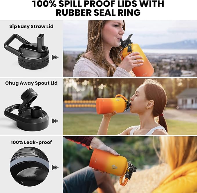 One Gallon Water Bottle Insulated, Triple Walled Vacuum Stainless Steel (Cold for 48 Hrs), Leak Proof & Non-BPA, Large Water Flask Jug with Paracord Handle & Straw Spout Lids