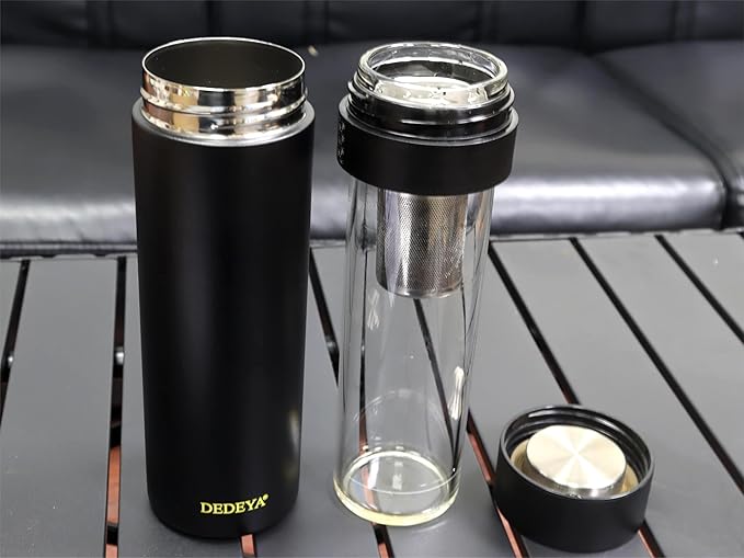15oz Stainless Steel Vacuum Insulated Water Bottle with glass liner inside,glass lined thermos with Infuser for Hot and Cold drink -Leakproof Travel Mug with Filter (Black,with Tea infuser)