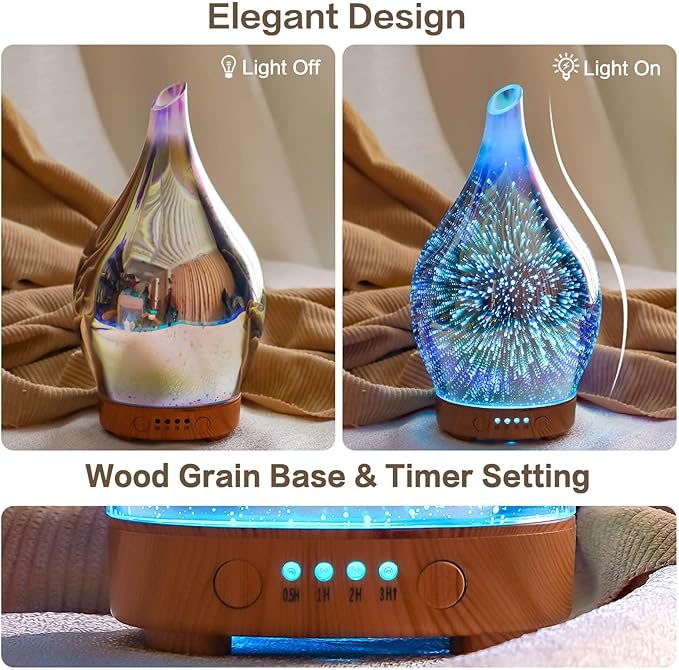 Porseme Essential Oil Diffuser 3D Glass Aromatherapy Ultrasonic Humidifier, Air Refresh Auto Shut-Off, Timer Setting, BPA Free for Home Hotel Yoga Leisure SPA Gift 100ml Last 4h