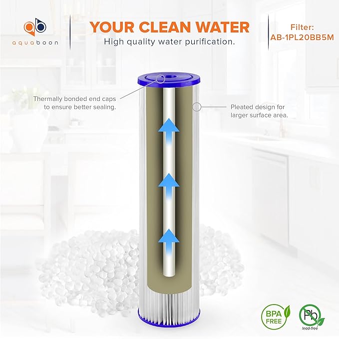 Aquaboon 20 Inch Whole House Pleated Water Sediment Filter Replacement 5 Micron Water Filter Cartridge Compatible with ECP5-20BB, SPC-45-2005, 1-Pack