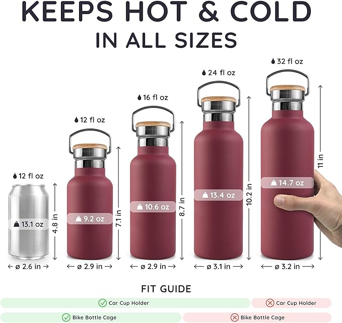 Bambaw 16 oz Water Bottle Insulated, Reusable Stainless Steel Water Bottle with Wide Mouth That Fits Tea Infusers, Made of High-Grade Stainless Steel, Durable & Easy to Clean (Red Berry)