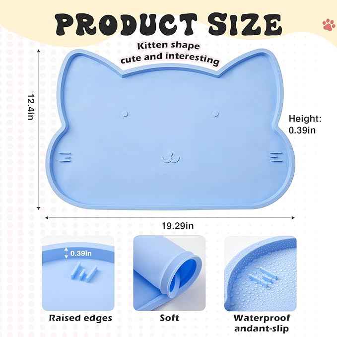 Blue Cat Food and Water Bowl and Non-Slip Silicone Mat Set Stainless Steel Food Bowl with 18.6oz Large Capacity Water Dispenser for Cats and Small Dogs