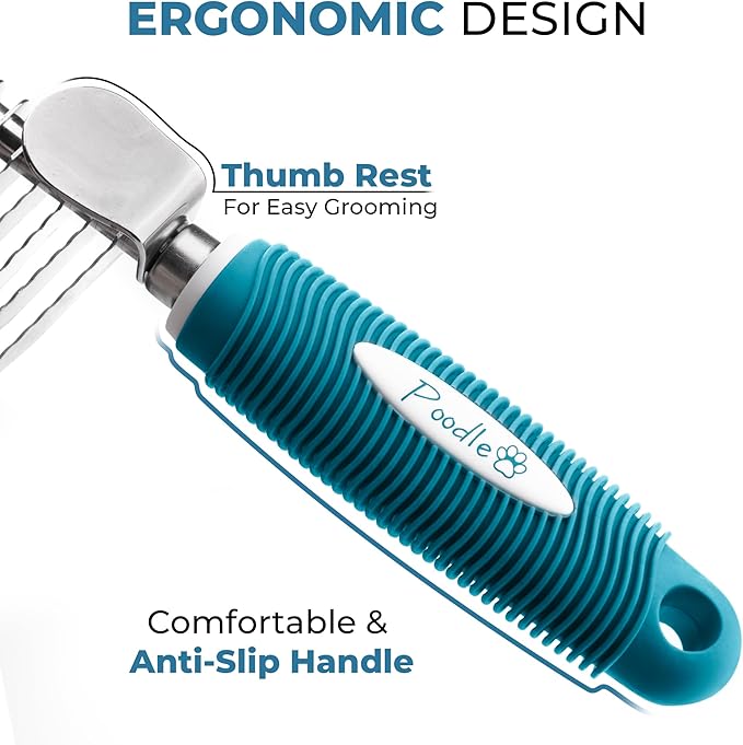 Poodle Dematting Fur Rake Comb Brush for Dogs and Cats - Long 2.5" Steel Safety Blades Metal Comb for Detangling Matted or Knotted Undercoat Hair - AquaVibe