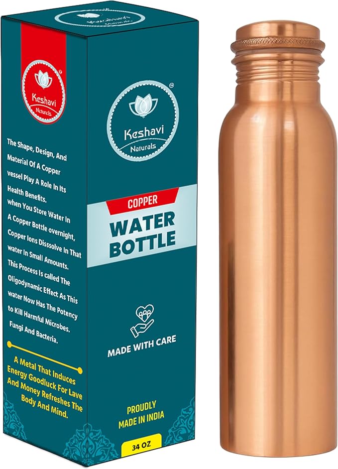 Keshavi Plain Copper Water Bottle (34 Oz /1000ml)| Pure Copper Drinking Water Bottle - Ideal for Home, Office, Gym & School | Heavy‑Duty, Leak‑Proof Material
