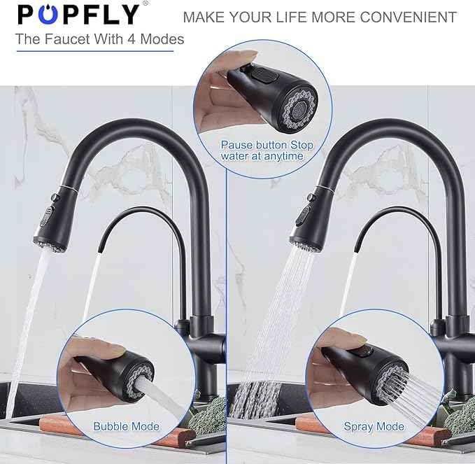 POPFLY Modern Kitchen Faucet with Drinking Water Faucet, 2 Handle 3 in 1 Water Filter Purifier Faucet with Pull Down Sprayer, Brass Body, Black
