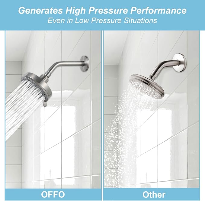 OFFO Shower Head, High Pressure Shower Head with Pause Mode, 9 Mode Fixed Showerheads for Strong Water Flow & Relaxing Shower Experience, Brushed Nickel - AquaVibe