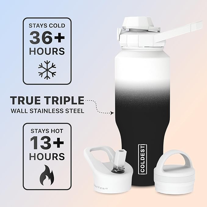 Coldest Sports Water Bottle - 3 in 1 Lids (Chug, Straw, Handle) - Insulated Stainless Steel Tumbler with Handle - Vacuum Water Flask Cup, Valentines Gifts for Him Her (36 oz, Hyperspace)