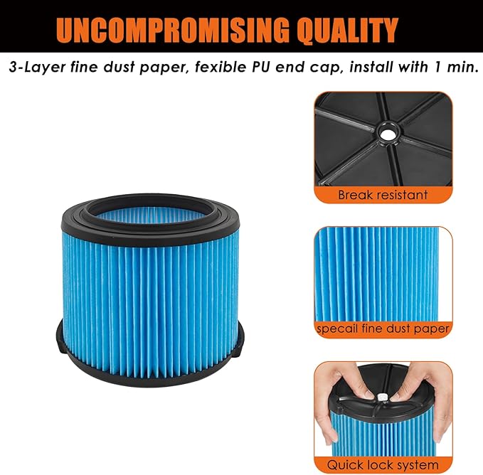VF3500 Filter Replacement for Ridgid 4 Gallon Shop Vaccum, 26643 Fine Dust Filter for 3/4/4.5 Gallon Wet Dry Portable Vacuums, Replaces WD40700, WD30500-2 Pack - AquaVibe