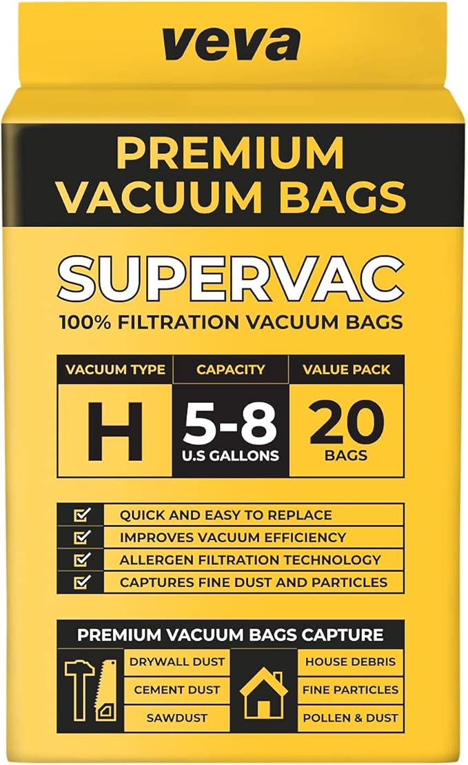 20 Pack, 5-8 Gallon Filter Bags for Shop Vac Vacuum - Type H 90671 - High-Efficiency Vacuum Bags - AquaVibe