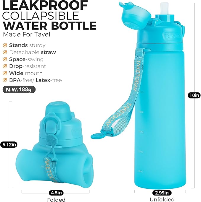 TakeToday Collapsible Water Bottles 20oz (600mL), Foldable Platinum Silicone Travel Water Bottle with Straw & Carry Strap, Leak-Resistant Screw Lid, Wide Mouth, BPA-Free for Hiking, Camping, Travel
