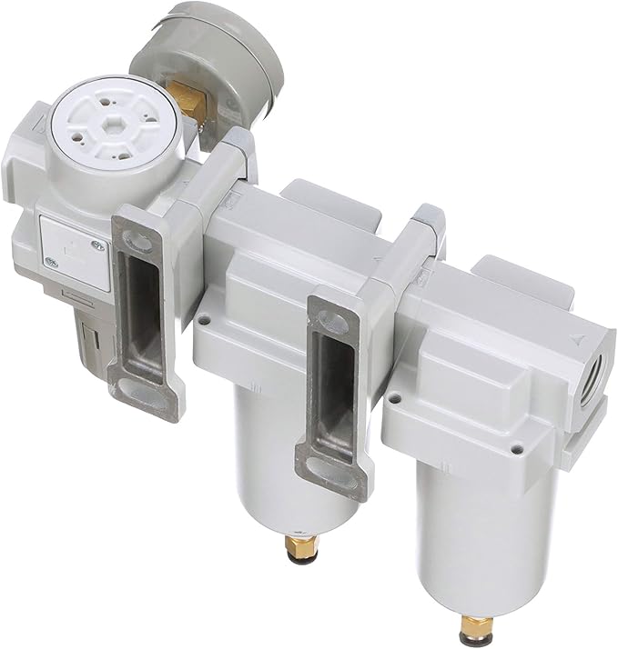 PneumaticPlus SAU430-N06DG-MEP Three Stage Air Drying System Particulate Air Filter, Coalescing Filter, Air Pressure Regulator Combo 3/4" NPT - Metal Bowl, Auto Drain, Bracket, Gauge - AquaVibe