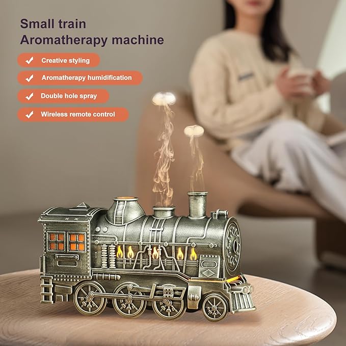 Train Diffuser 300ml, Aromatherapy Diffuser Cool Mist Ultrasonic Aroma Train Diffuser with Remote Control 2 Light 2 Mist Mode Auto Shut-Off for Bedroom Office Hotel (Silvery)