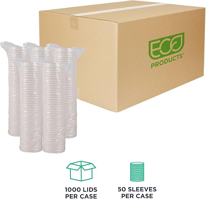 Eco-Products Compostable Paper Coffee Cup Lids, Case of 1000, White GreenStripe Tops, Fits 8oz Hot Cups, Lined With PLA, A Renewable Material Made from Plants, ASTM, BPI-Certified