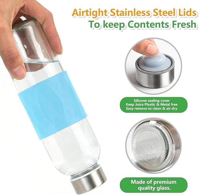 Zukro 18 oz Glass Water Bottles with Lids, 6 Pack Leak Proof Juice Bottles With Stainless Steel Cap for Juicing, Smoothie, Homemade Beverages Container, Reusable Drinking Jar with Grip Band, BPA Free