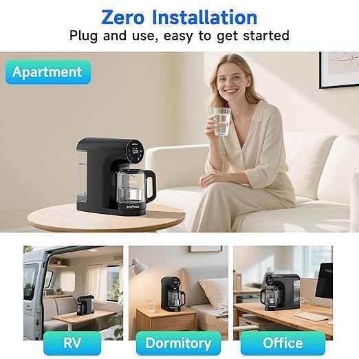 Ecoviva Countertop Reverse Osmosis Water Filter, 6 Stage RO Water Filtration System with 44 oz Glass Carafe, Water Purifier, 3:1 Pure to Drain, Black