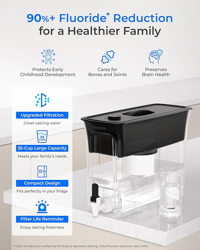 Waterdrop 35-Cup Large Water Filter Dispenser, Fluoride-Reducing, 150-Gallon Long-Life, Reduces Chlorine, PFOA/PFOS and More, BPA Free, Black (with 1 Filter)
