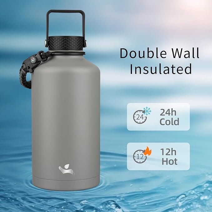 Insulated Water Bottle with Straw,87 oz 3 Lids Water Jug with Carrying Bag,Paracord Handle,Double Wall Vacuum Stainless Steel Metal Flask,Gray