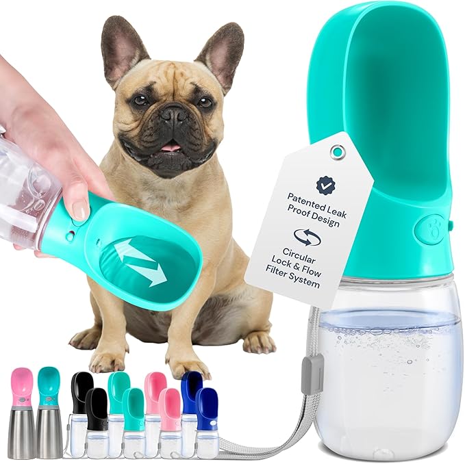 MalsiPree Leak Proof Portable Dog Water Bottle & Dog Travel Water Bottle Dispenser with Bowl - 12 oz, Blue - Food Grade Plastic- Puppy Essentials - Pet Travel Portable Doggy Bowl - AquaVibe