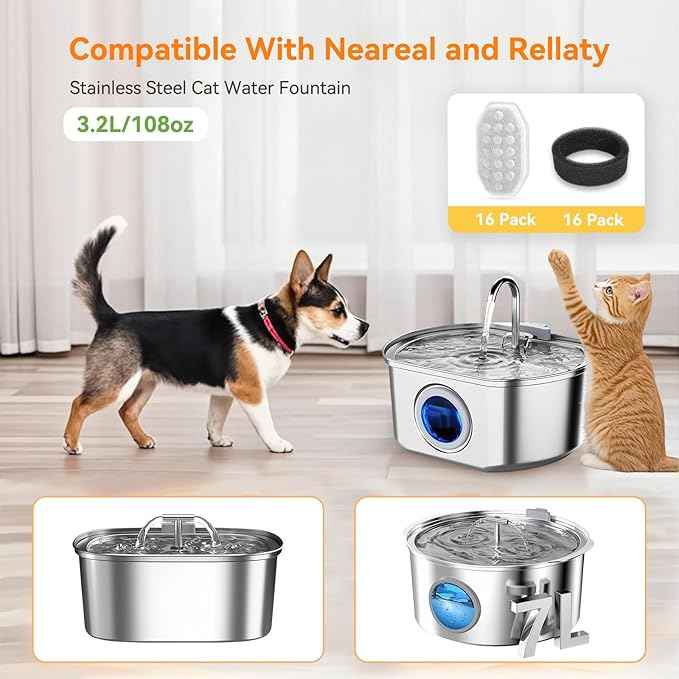 32 Pack Cat Water Fountain Filters for Rellaty and Neareal 3.2L/108oz Automatic Stainless Steel Cat Water Fountain, 16 Activated Carbon Filter + 16 Pre-Filter Sponges