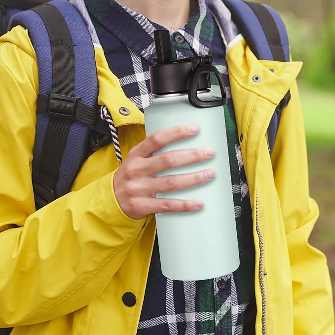 Volhoply 32 oz Insulated Water Bottle with Straw Lid & Spout Lid,Stainless Steel Sports Water Bottle,Double Wall Vacuum Cups,Leakproof Wide Mouth Metal Flask,Keeps Cold or Hot for Travel(Fog,1)