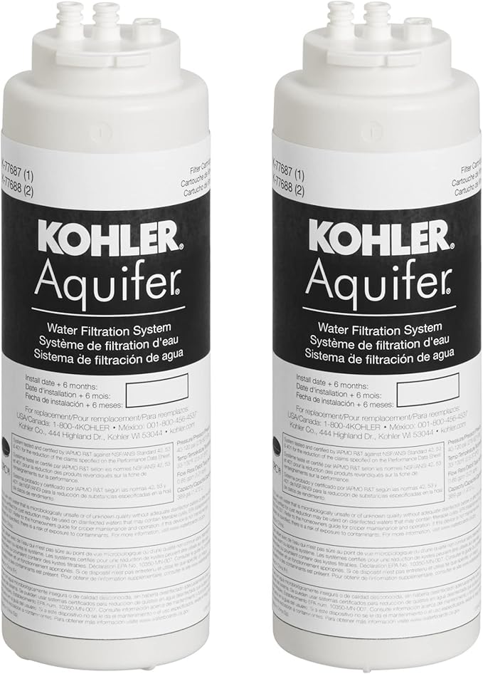 KOHLER 77688-NA Water Filter, Aquifer Replacement Filter Cartridge (2 Pack), 2 Count (Pack of 1), White