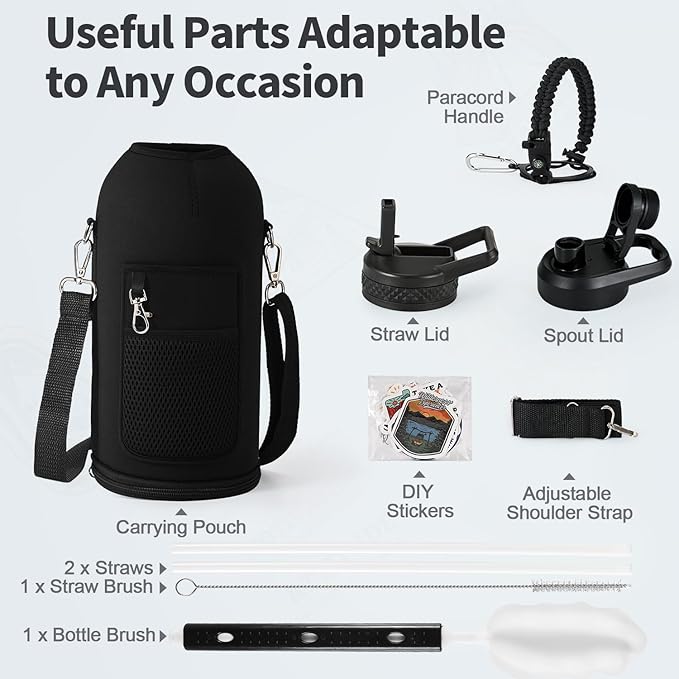 87 oz Insulated Water Bottle with Straw (Cold for 48 Hrs), Half Gallon Stainless Steel Triple Wall Vacuum Sports Water Jug, Leakproof Hydro Cup Flask with Straw Spout Lids & DIY Stickers