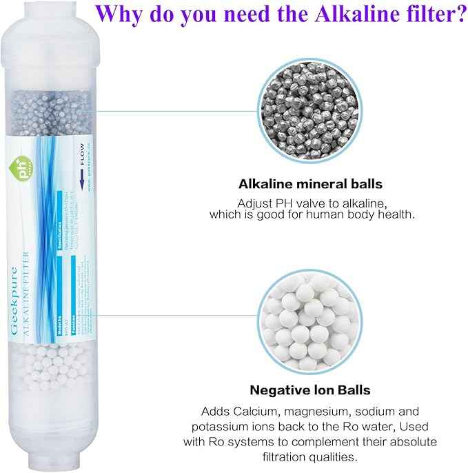 Geekpure 10-inch Inline Alkaline Replacement Water Filter Cartridge pH+ for Reverse Osmosis RO System -1/4”Thread